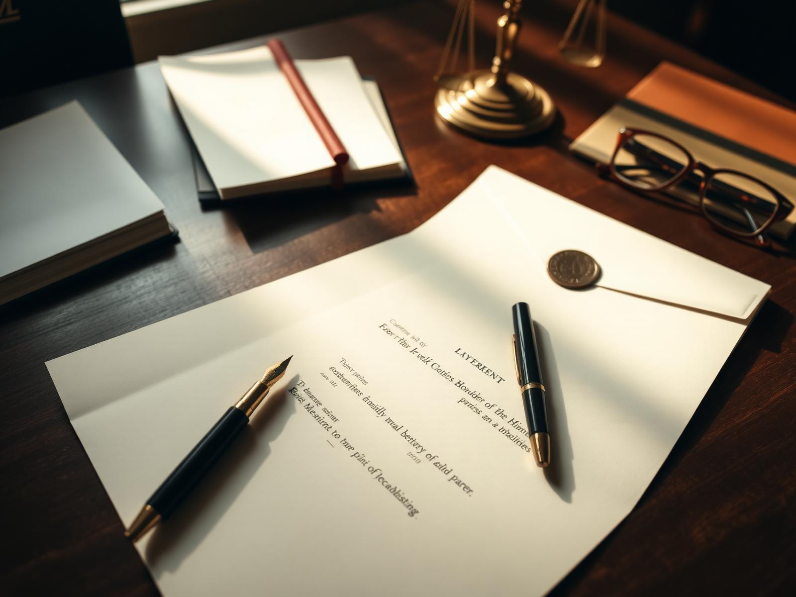 A formal demand letter, envelope, and fountain pen arranged on a walnut desk